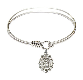 6 1/4 inch Round Eye Hook Rhodium Bangle Bracelet with a Sterling Silver Miraculous charm.