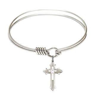6 1/4 inch Round Eye Hook Rhodium Bangle Bracelet with a Sterling Silver Cross on Cross charm. Engraved Catholic Saint Jewelry