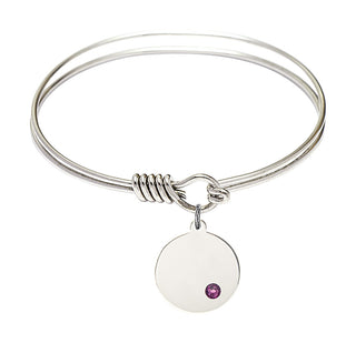 6 1/4 inch Round Eye Hook Rhodium Bangle Bracelet with a Sterling Silver Plain Disc charm.