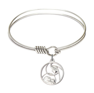 6 1/4 inch Round Eye Hook Rhodium Bangle Bracelet with a Sterling Silver Madonna and Child charm.