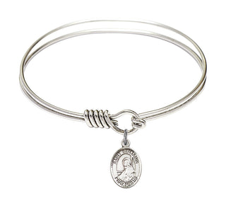 6 1/4 inch Round Eye Hook Rhodium Bangle Bracelet with a Sterling Silver Saint Benjamin charm. Engraved Catholic Saint Jewelry