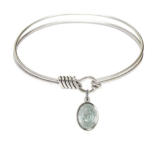 6 1/4 inch Round Eye Hook Rhodium Bangle Bracelet with a Sterling Silver Saint Christopher charm. Engraved Catholic Saint Jewelry