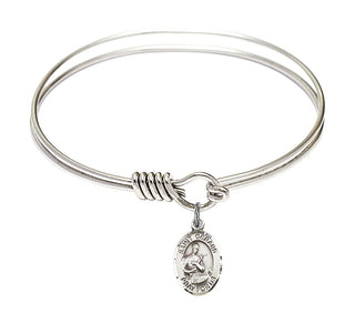 6 1/4 inch Round Eye Hook Rhodium Bangle Bracelet with a Sterling Silver Saint Gerard Majella charm. Engraved Catholic Saint Jewelry