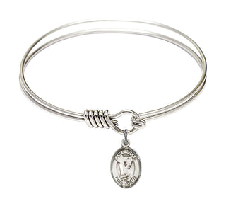 6 1/4 inch Round Eye Hook Rhodium Bangle Bracelet with a Sterling Silver Saint Helen charm. Engraved Catholic Saint Jewelry