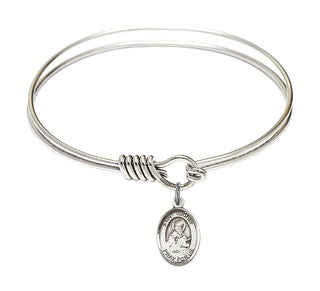 6 1/4 inch Round Eye Hook Rhodium Bangle Bracelet with a Sterling Silver Saint Isidore of Seville charm. Engraved Catholic Saint Jewelry