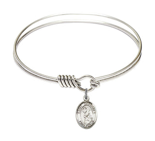 6 1/4 inch Round Eye Hook Rhodium Bangle Bracelet with a Sterling Silver Saint Margaret Mary Alacoque charm. Engraved Catholic Saint Jewelry