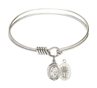 6 1/4 inch Round Eye Hook Rhodium Bangle Bracelet with a Sterling Silver Miraculous charm. Engraved Catholic Saint Jewelry