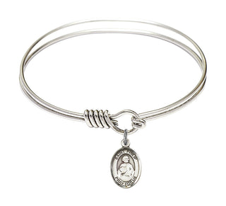 6 1/4 inch Round Eye Hook Rhodium Bangle Bracelet with a Sterling Silver Saint Philip the Apostle charm. Engraved Catholic Saint Jewelry