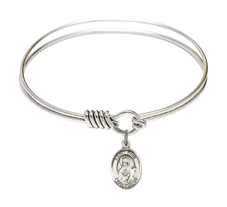 6 1/4 inch Round Eye Hook Rhodium Bangle Bracelet with a Sterling Silver Saint Paul the Apostle charm. Engraved Catholic Saint Jewelry