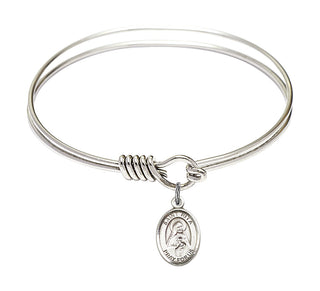 6 1/4 inch Round Eye Hook Rhodium Bangle Bracelet with a Sterling Silver Saint Rita of Cascia charm. Engraved Catholic Saint Jewelry