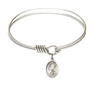 6 1/4 inch Round Eye Hook Rhodium Bangle Bracelet with a Sterling Silver Saint Sarah charm. Engraved Catholic Saint Jewelry