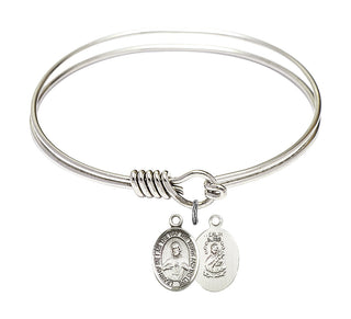 6 1/4 inch Round Eye Hook Rhodium Bangle Bracelet with a Sterling Silver Scapular charm. Engraved Catholic Saint Jewelry