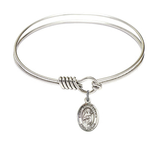6 1/4 inch Round Eye Hook Rhodium Bangle Bracelet with a Sterling Silver Saint Scholastica charm. Engraved Catholic Saint Jewelry