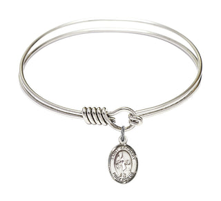 6 1/4 inch Round Eye Hook Rhodium Bangle Bracelet with a Sterling Silver Saint Zachary charm. Engraved Catholic Saint Jewelry