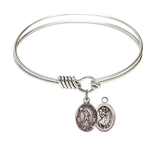 6 1/4 inch Round Eye Hook Rhodium Bangle Bracelet with a Sterling Silver Saint Christopher/Football charm.