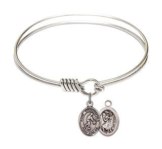 6 1/4 inch Round Eye Hook Rhodium Bangle Bracelet with a Sterling Silver Saint Christopher/Basketball charm.