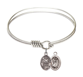 6 1/4 inch Round Eye Hook Rhodium Bangle Bracelet with a Sterling Silver Saint Christopher/Swimming charm.