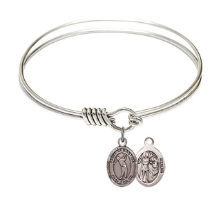 6 1/4 inch Round Eye Hook Rhodium Bangle Bracelet with a Sterling Silver Saint Sebastian/Golf charm.