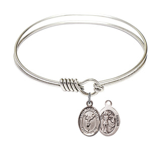 6 1/4 inch Round Eye Hook Rhodium Bangle Bracelet with a Sterling Silver Saint Sebastian/Cheerleading charm.