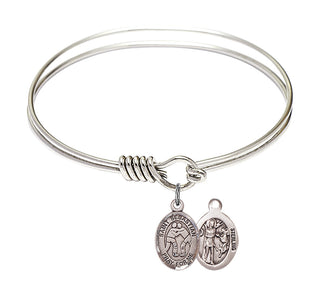 6 1/4 inch Round Eye Hook Rhodium Bangle Bracelet with a Sterling Silver Saint Sebastian/Wrestling charm.