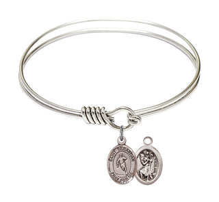 6 1/4 inch Round Eye Hook Rhodium Bangle Bracelet with a Sterling Silver Saint Sebastian / Rugby charm.