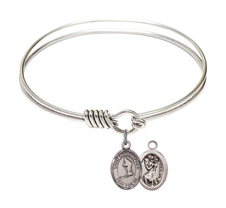 6 1/4 inch Round Eye Hook Rhodium Bangle Bracelet with a Sterling Silver Saint Christopher / Skiing charm.