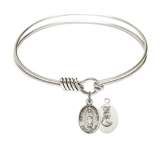 6 1/4 inch Round Eye Hook Rhodium Bangle Bracelet with a Sterling Silver Our Lady of Guadalupe charm. Engraved Catholic Saint Jewelry