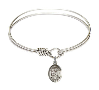 6 1/4 inch Round Eye Hook Rhodium Bangle Bracelet with a Sterling Silver Saint Isaac Jogues charm. Engraved Catholic Saint Jewelry