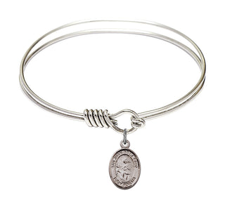 6 1/4 inch Round Eye Hook Rhodium Bangle Bracelet with a Sterling Silver San Juan de la Cruz charm. Engraved Catholic Saint Jewelry