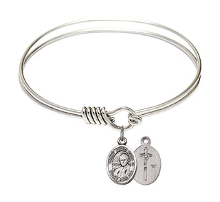 6 1/4 inch Round Eye Hook Rhodium Bangle Bracelet with a Sterling Silver Saint John Paul II charm.