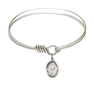 6 1/4 inch Round Eye Hook Rhodium Bangle Bracelet with a Sterling Silver Blessed Trinity charm. Engraved Catholic Saint Jewelry