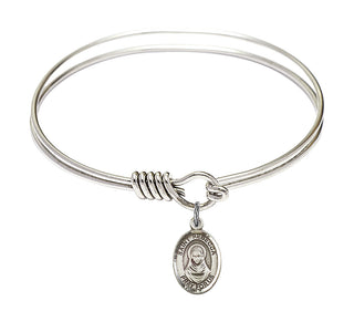 6 1/4 inch Round Eye Hook Rhodium Bangle Bracelet with a Sterling Silver Saint Rebecca charm. Engraved Catholic Saint Jewelry