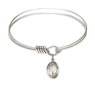 6 1/4 inch Round Eye Hook Rhodium Bangle Bracelet with a Sterling Silver Saint Hildegard von Bingen charm. Engraved Catholic Saint Jewelry