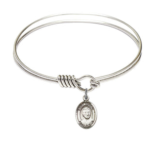 6 1/4 inch Round Eye Hook Rhodium Bangle Bracelet with a Sterling Silver Saint Eugene de Mazenod charm. Engraved Catholic Saint Jewelry