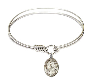 6 1/4 inch Round Eye Hook Rhodium Bangle Bracelet with a Sterling Silver Saint Finnian of Clonard charm. Engraved Catholic Saint Jewelry