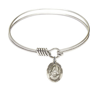 6 1/4 inch Round Eye Hook Rhodium Bangle Bracelet with a Sterling Silver Saint Edburga of Winchester charm. Engraved Catholic Saint Jewelry