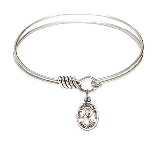 6 1/4 inch Round Eye Hook Rhodium Bangle Bracelet with a Sterling Silver Saint Edmund Campion charm. Engraved Catholic Saint Jewelry