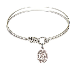 6 1/4 inch Round Eye Hook Rhodium Bangle Bracelet with a Sterling Silver Saint Adrian of Nicomedia charm. Engraved Catholic Saint Jewelry