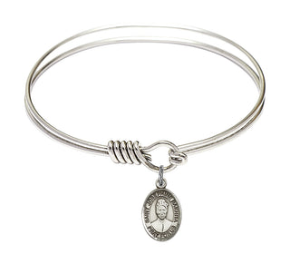 6 1/4 inch Round Eye Hook Rhodium Bangle Bracelet with a Sterling Silver Saint Josephine Bakhita charm. Engraved Catholic Saint Jewelry