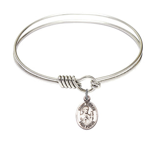 6 1/4 inch Round Eye Hook Rhodium Bangle Bracelet with a Sterling Silver Saint Kieran charm. Engraved Catholic Saint Jewelry
