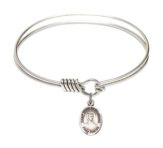 6 1/4 inch Round Eye Hook Rhodium Bangle Bracelet with a Sterling Silver Saint John Berchmans charm. Engraved Catholic Saint Jewelry