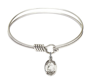 6 1/4 inch Round Eye Hook Rhodium Bangle Bracelet with a Sterling Silver Saint Theodora charm. Engraved Catholic Saint Jewelry