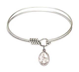 6 1/4 inch Round Eye Hook Rhodium Bangle Bracelet with a Sterling Silver Blessed Emilee Doultremont charm. Engraved Catholic Saint Jewelry