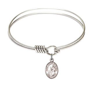 6 1/4 inch Round Eye Hook Rhodium Bangle Bracelet with a Sterling Silver Saint Jacob of Nisibis charm. Engraved Catholic Saint Jewelry