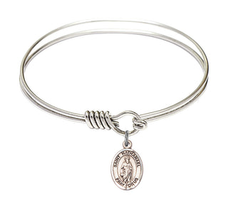 6 1/4 inch Round Eye Hook Rhodium Bangle Bracelet with a Sterling Silver Saint Nathanael charm. Engraved Catholic Saint Jewelry