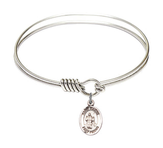 6 1/4 inch Round Eye Hook Rhodium Bangle Bracelet with a Sterling Silver Saint Maron charm. Engraved Catholic Saint Jewelry