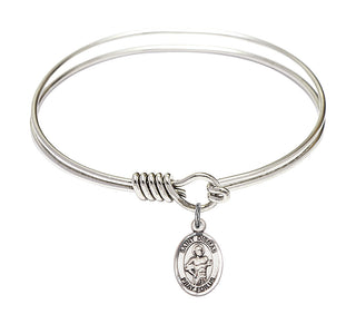 6 1/4 inch Round Eye Hook Rhodium Bangle Bracelet with a Sterling Silver Saint Dismas charm. Engraved Catholic Saint Jewelry