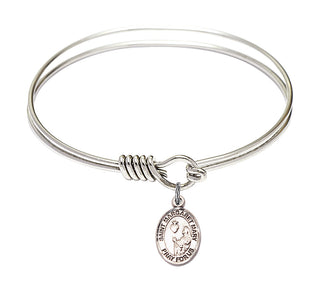 6 1/4 inch Round Eye Hook Rhodium Bangle Bracelet with a Sterling Silver Saint Margaret Mary Alacoque charm. Engraved Catholic Saint Jewelry