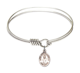 6 1/4 inch Round Eye Hook Rhodium Bangle Bracelet with a Sterling Silver Saint Joseph Marello charm. Engraved Catholic Saint Jewelry