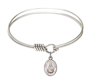 6 1/4 inch Round Eye Hook Rhodium Bangle Bracelet with a Sterling Silver Saint Jadwiga of Poland charm. Engraved Catholic Saint Jewelry